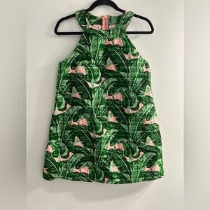 Judith March Green Tropical Palm Print Dress with Pink Accents